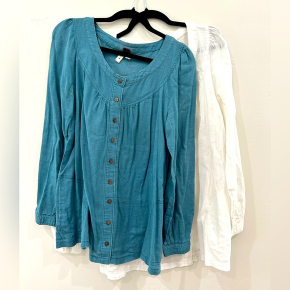 We The Free Tops - PAIR of We the Free Linen Peasant Tops, Ivory and Teal, Sizes S and M